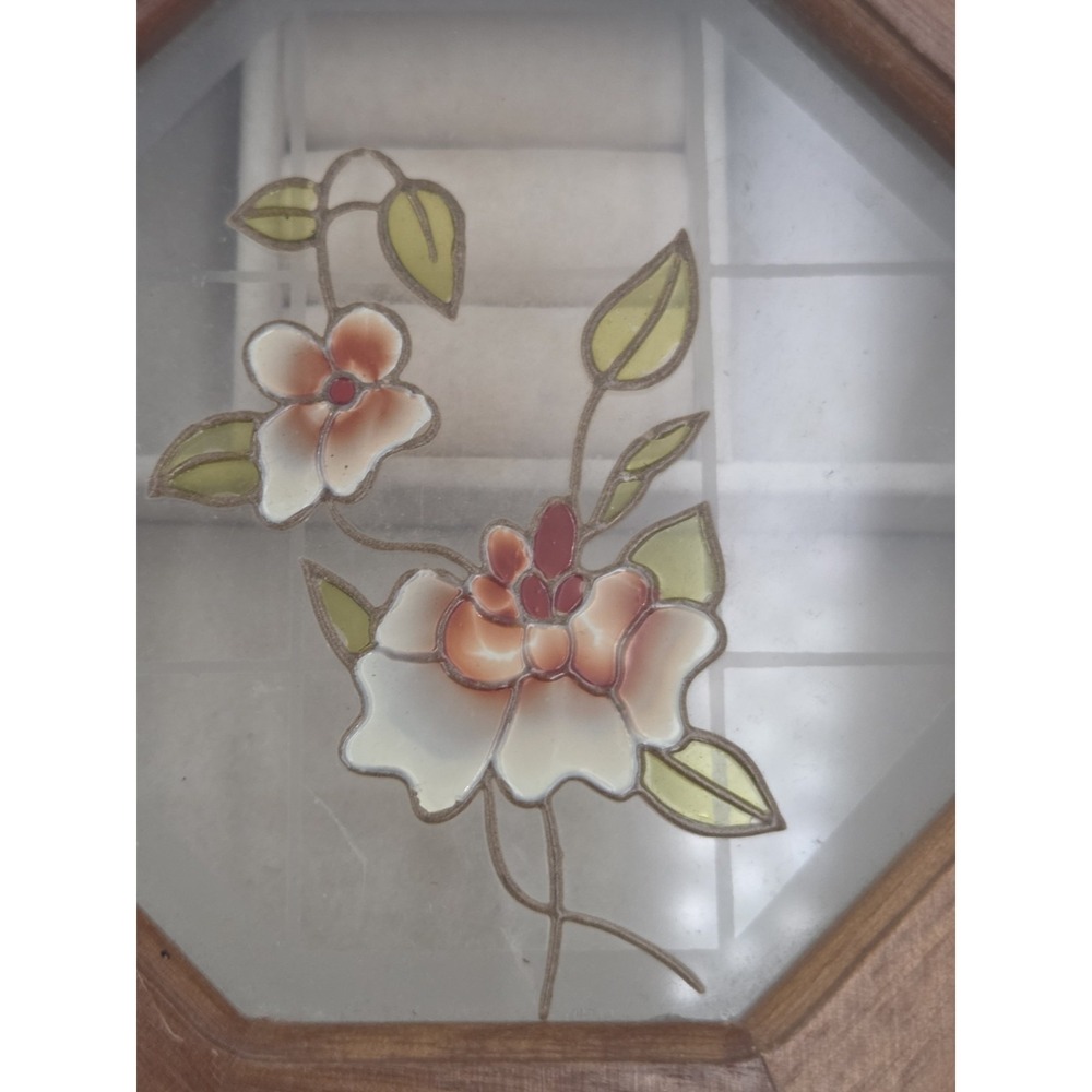 Vintage Wooden Jewelry Box With Flowers On Glass 6.5 in Octagon Lid. - Picture 2 of 10
